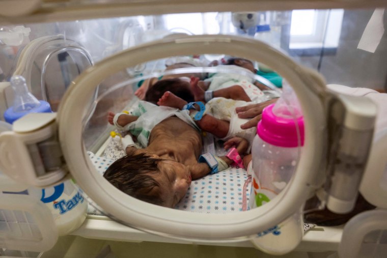 Premature babies evacuated from Al Shifa hospital receive care at the Emirates hospital in Rafah in the southern Gaza Strip.