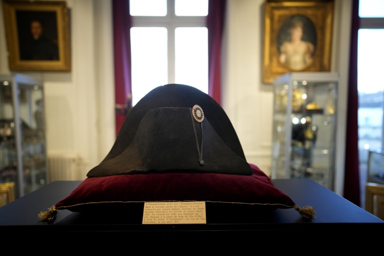 One of the signature broad, black hats that Napoléon wore when he ruled 19th century France and waged war in Europe on display at Osenat's auction house in Fontainebleau, south of Paris, Friday, Nov. 17, 2023.
