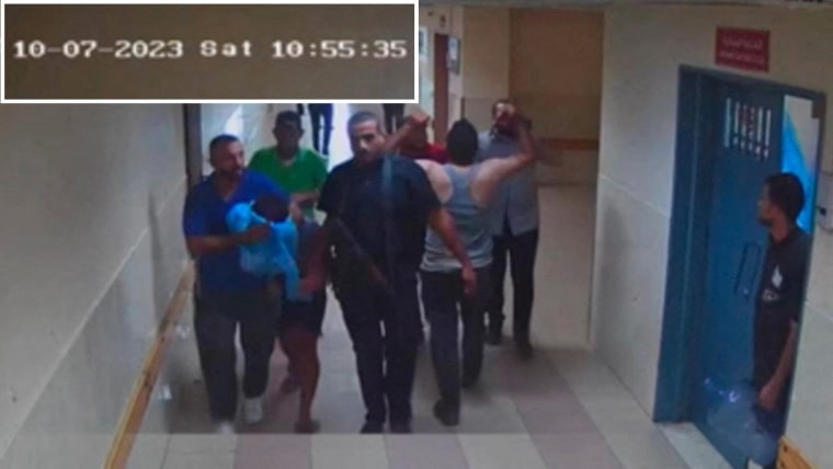 Security camera footage and released by the Israeli army on Nov. 19, 2023, shows what the army reports as Hamas fighters leading hostages into Al-Shifa hospital on Nov. 7.