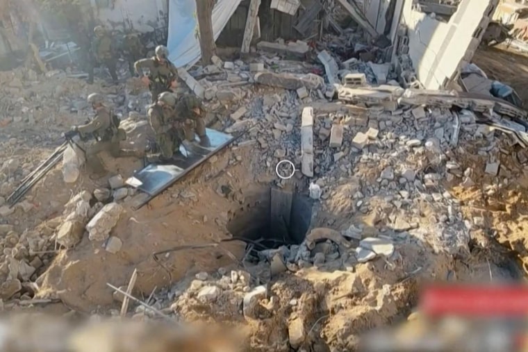 Footage released by the Israeli army on Nov. 17, 2023, shows what the army says is the entrance of a tunnel under Gaza's Al-Shifa hospital. 