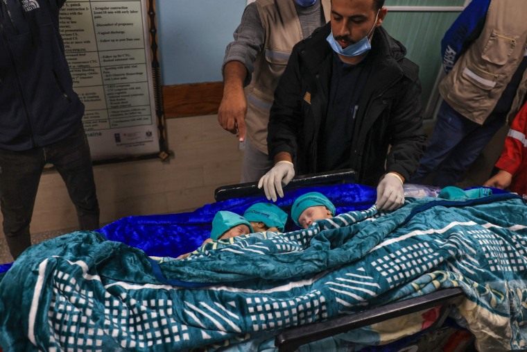 Palestinian medics prepare premature babies, evacuated from Gaza City's Al-Shifa hospital, for transfer from a hospital in Rafah in the southern Gaza Strip to Egypt, on Nov. 19, 2023.