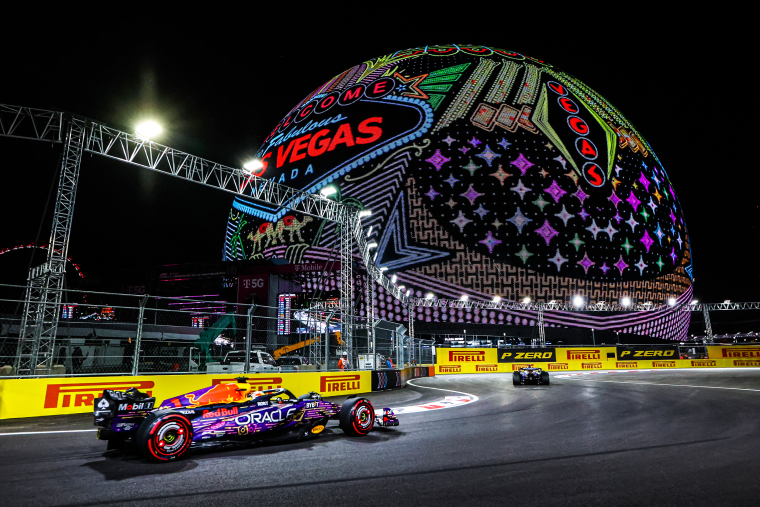 Red Bull Racing driver Max Verstappen (1) of the Netherlands drives by the Sphere during the F1 Las Vegas Grand Prix