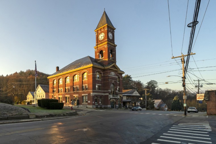 Town Hall catches the early morning sunlight on Nov. 16, 2023, in Hinsdale, N.H. 