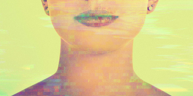 Glitchy photo of young woman's face and neck 