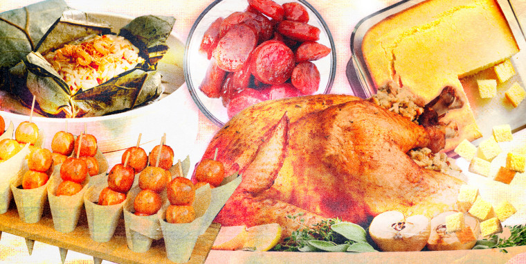 Photo Illustration: Food including sticky rice, sweet potato dango mochi, a turkey, Chinese sausage, and mochi cornbread