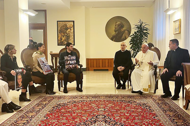Pope Francis during a meeting with relatives of Israeli hostages, in Rome today. 