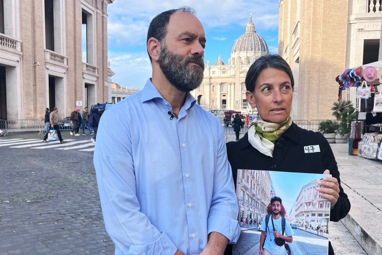Jon Polin and Rachel Goldberg at the Vatican on Wednesday. Their son, Hersh, was kidnapped by Hamas from the Supernova music festival.