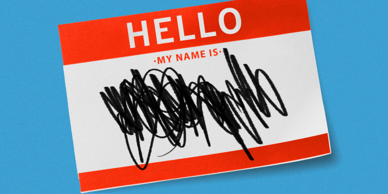Photo illustration of a "Hello, my name is" tag with scribbles.