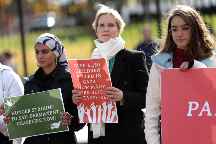 Cynthia Nixon, center, attends a protest calling for a ceasefire in Gaza outside the White House on Nov. 27, 2023.