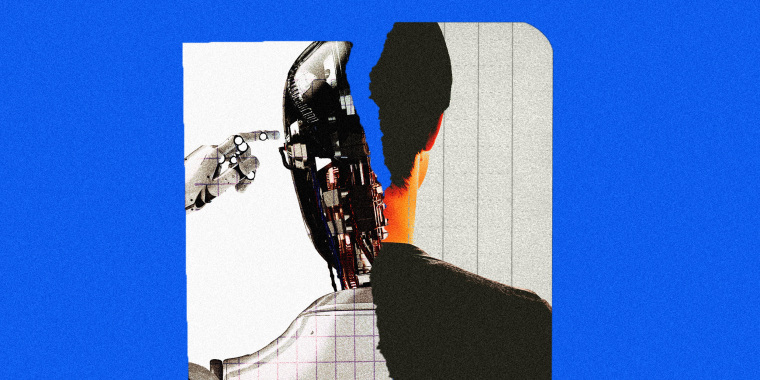 Photo illustration of torn paper with a robot head on one side and a human head on the other 