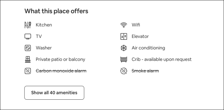 Airbnb listing with Carbon monoxide alarm and smoke alarm crossed out.