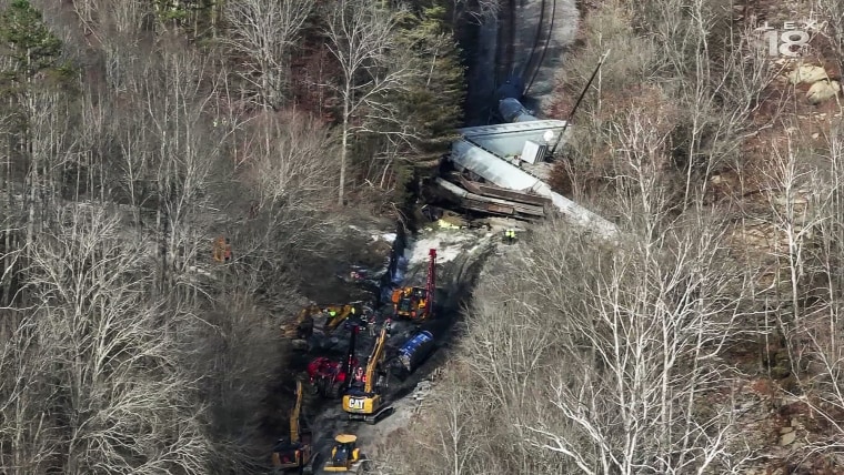 A train derailed and spilled molten sulfur in a remote part of eastern Kentucky on Nov. 23, 2023.