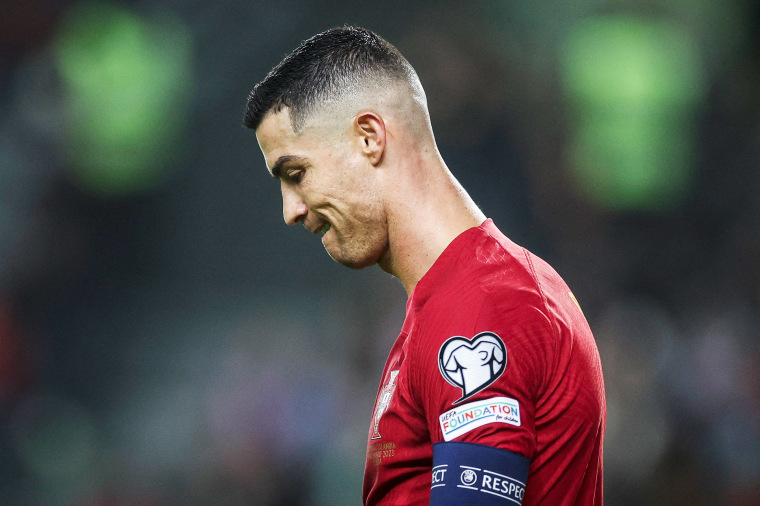 Cristiano Ronaldo looks downwards during the UEFA Euro 2024 group J qualifying football match.