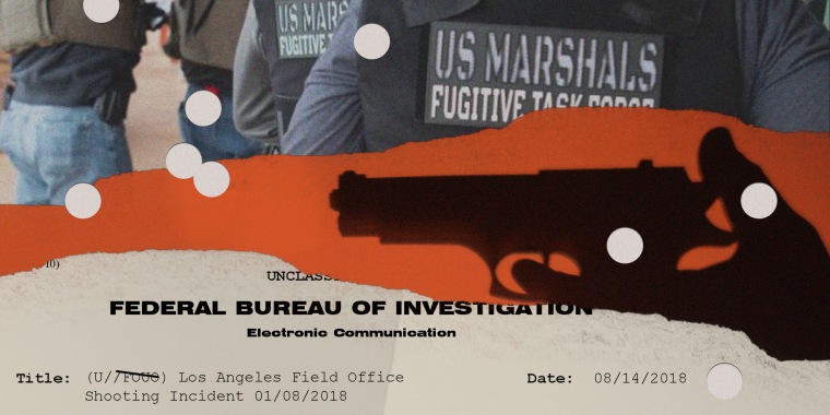 Photo Illustration of US Marshals working an operation; a silhouette of a handgun; and a report of an officer involved shooting from the FBI.