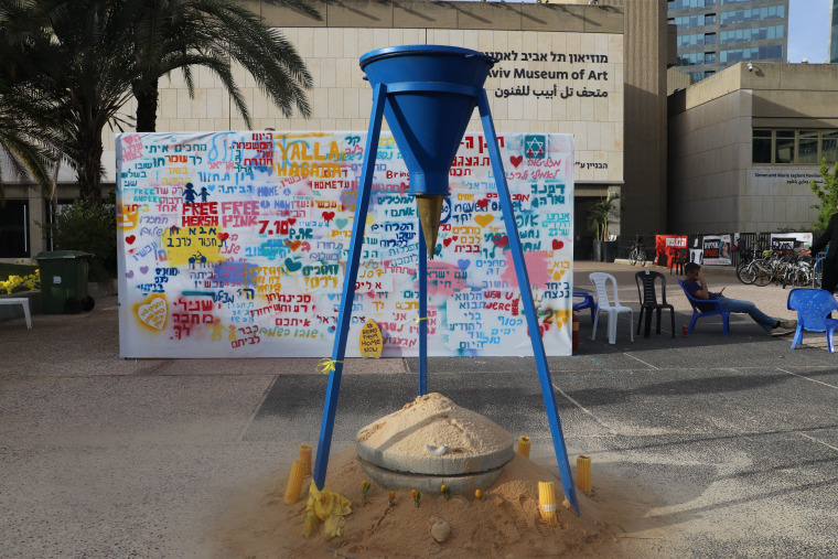 An hourglass at 'hostage square' in Tel Aviv has run out of the sands of time. 