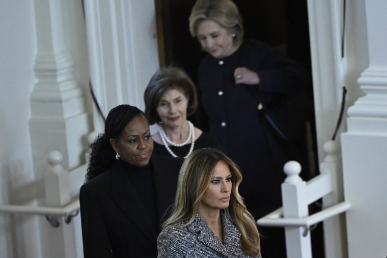 Former US Secretary of State Hillary Clinton, former US First Lady Laura Bush, former US First Lady Michelle Obama, and former US First Lady Melania Trump arrive for a tribute service for former US First Lady Rosalynn Carter, at Glenn Memorial Church in Atlanta, Georgia, on November 28, 2023. Carter died on November 19, aged 96, just two days after joining her husband in hospice care at their house in Plains. 