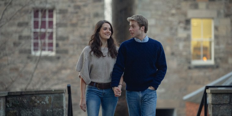 Meg Bellamy as Kate Middleton and Ed McVey as Prince William in "The Crown."