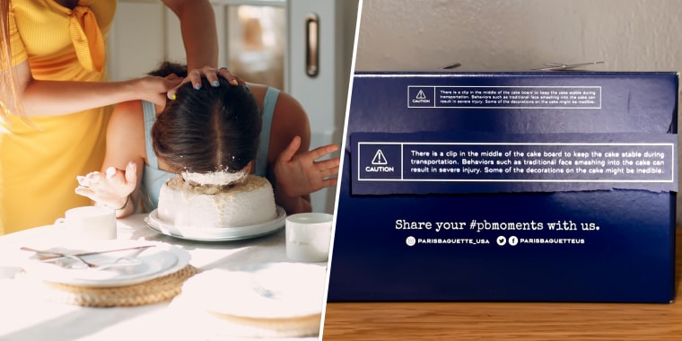 A Paris Baguette cake box warns against the tradition of cake smashing using their pastries. 