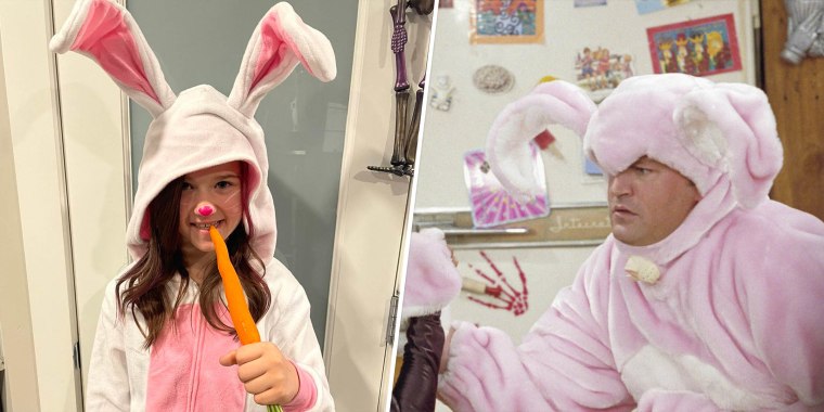 A young girl in a bunny costume holds a carrot on the left.  With the right, Matthew Perry is Chandler Bing arm wrestles in pink bunny costume.