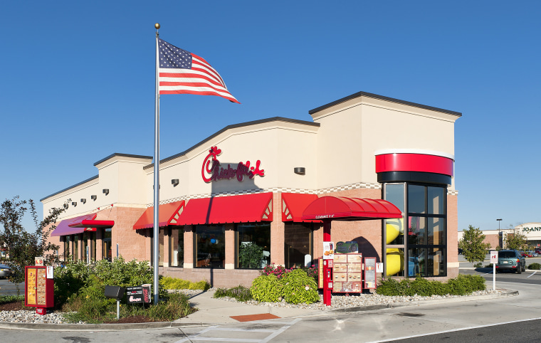 Chickfila fast food restaurant and American flag.