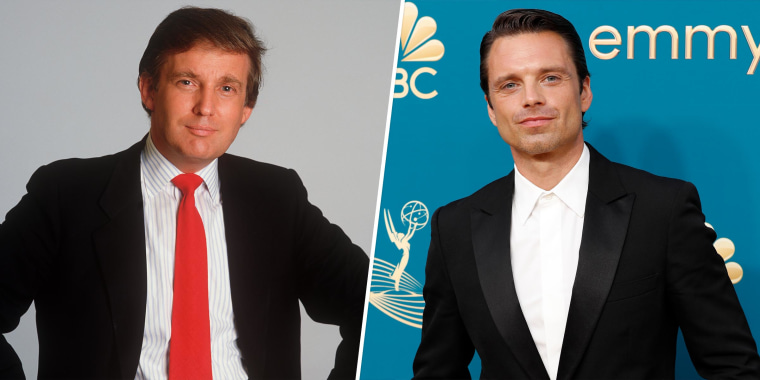 On the left, Donald Trump in 1987. On the right, Sebastian Stan in 2022.