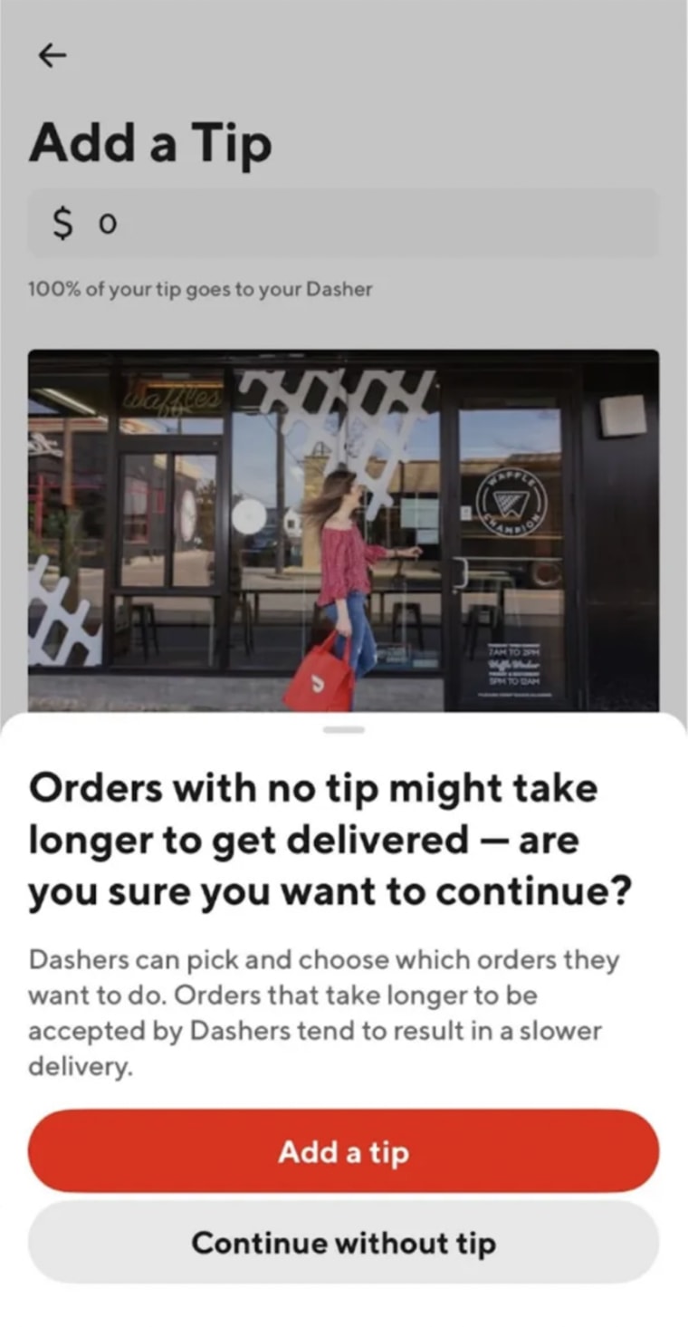 The DoorDash warning screen that pops up if you don’t tip.