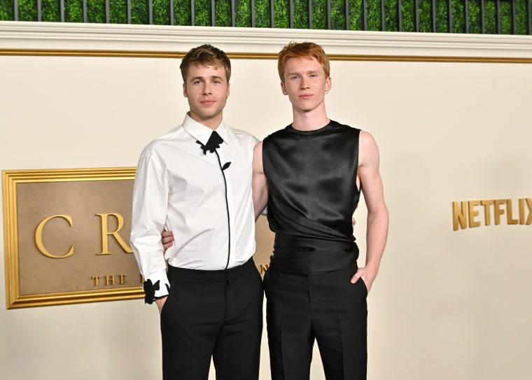Ed McVey, who plays Prince Williams, and Luther Ford, who is Prince Harry, at the Los Angeles premiere "The Crown" Season 6 Part 1 at Regency Village Theatre on Nov. 12, 2023.