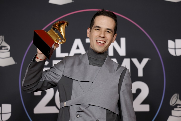 Edgar Barrera poses with the award for Best Regional Song in the press room for the 23rd Annual Latin Grammy Awards at the Mandalay Bay Events Center on Nov. 17, 2022.