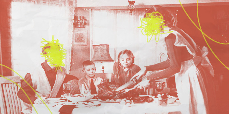 Old family photo of two children and their parents cutting a turkey, the parents faces are scribbled out in neon yellow