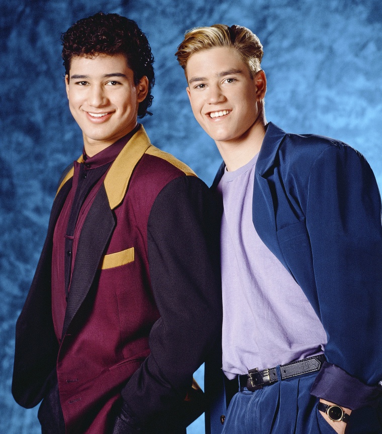 Mario Lopez as A.C. Slater and Mark-Paul Gosselaar as Zack Morris in season 3 of "Saved By the Bell."