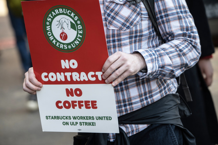 Starbucks Workers United union members and supporters on a picket line outside a Starbucks 
