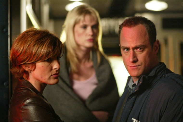 Mariska Hargitay as Detective Olivia Benson, Stephanie March as A.D.A. Alexandra Cabot, and Christopher Meloni as Detective Elliot Stabler in Law & Order: SVU."