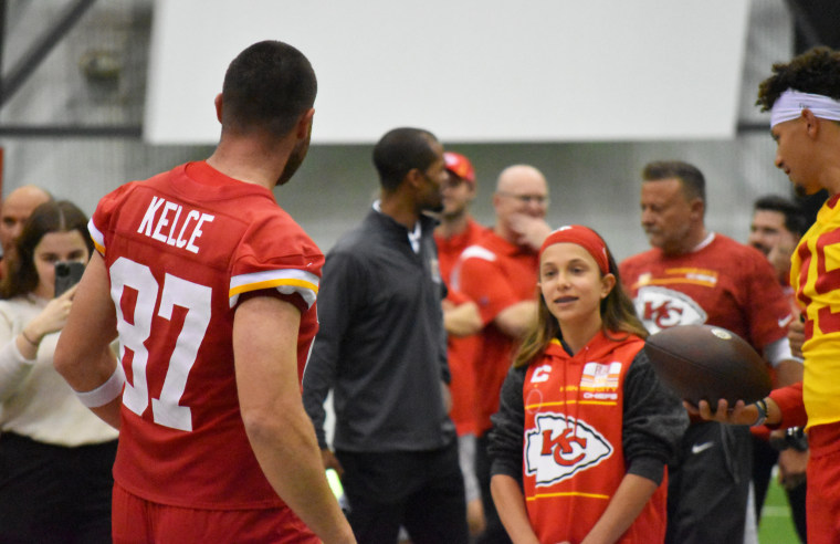 Myka Eilers shared the field with NFL stars Travis Kelce and Patrick Mahomes of the Kansas City Chiefs for her Make-A-Wish experience in 2022.