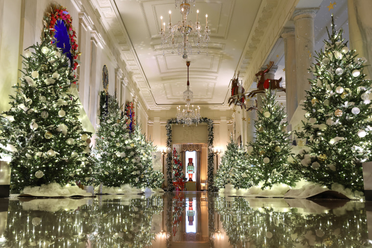 The Cross Hall between the East Room and the State Dining Room is lined with frosted Christmas tress during a media preview of the 2023 holiday decorations at the White House Nov. 27, 2023 in Washington, DC. 