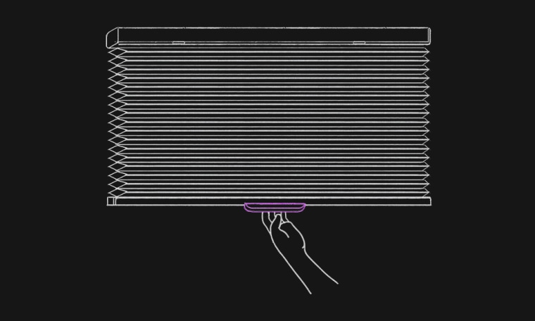 Drawn illustration of cordless window blinds, with a hand pulling on a handle.
