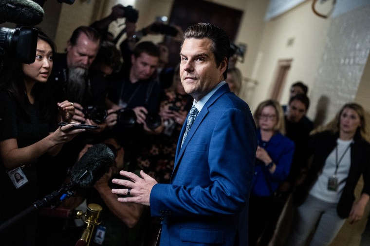 Rep. Matt Gaetz, R-Fla., talks with reporters in the U.S. Capitol on Oct. 3, 2023. 