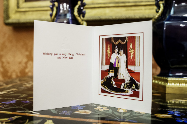 The 2023 Christmas card of Britain's King Charles III and Queen Camilla at Buckingham Palace, London.