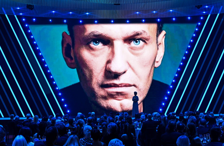 A projection of imprisoned Kremlin opponent Alexei Navalny at the 75th Bambi Awards in Bavaria, Munich on Nov. 16, 2023.