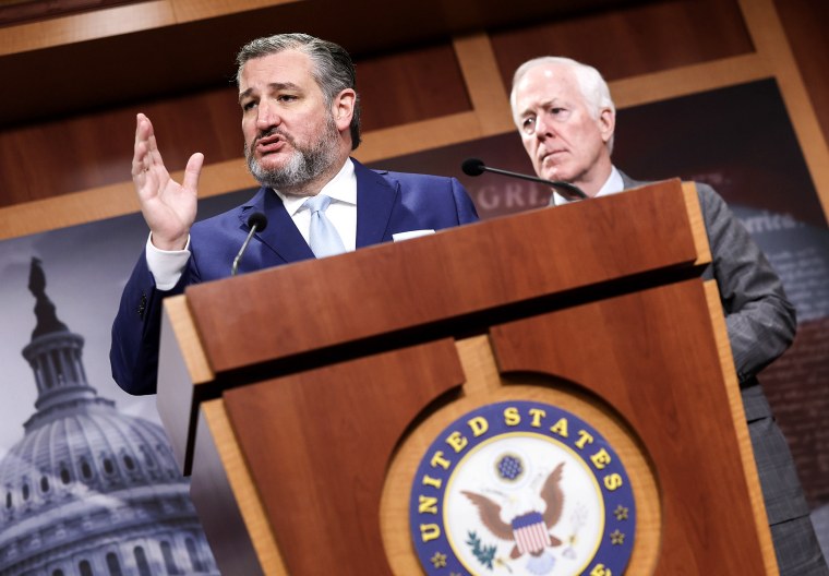 U.S. Sen. Ted Cruz (R-TX) and  Sen. John Cornyn (R-TX), speak to journalists in Washington, DC. on May 3, 2023. 