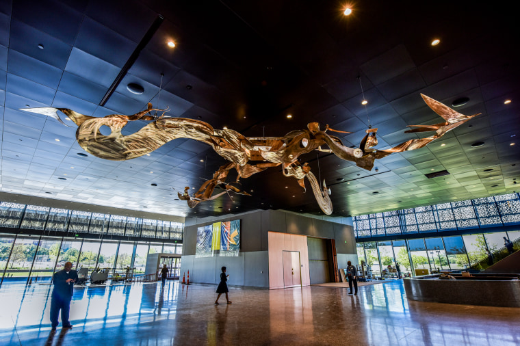 A sculpture by Richard Hunt hangs in the lobby at the Smithsonian Institute's National Museum of African American History and Culture on Sept. 14, 2016, in Washington, DC.