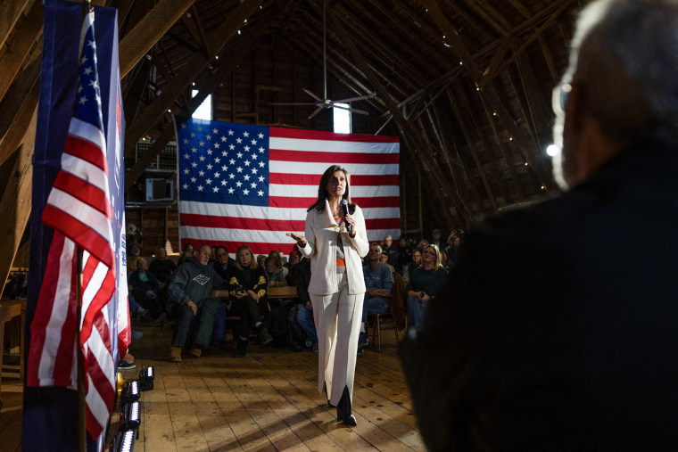 Former UN ambassador and 2024 Presidential hopeful Nikki Haley speaks to residents in Spirit Lake, Iowa, on Dec. 9, 2023.