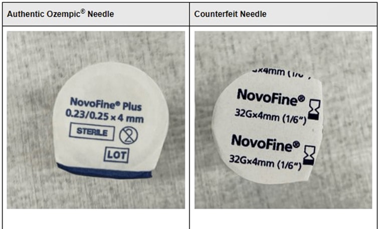 An authentic Ozempic needle on the left and a counterfeit needle on the right.