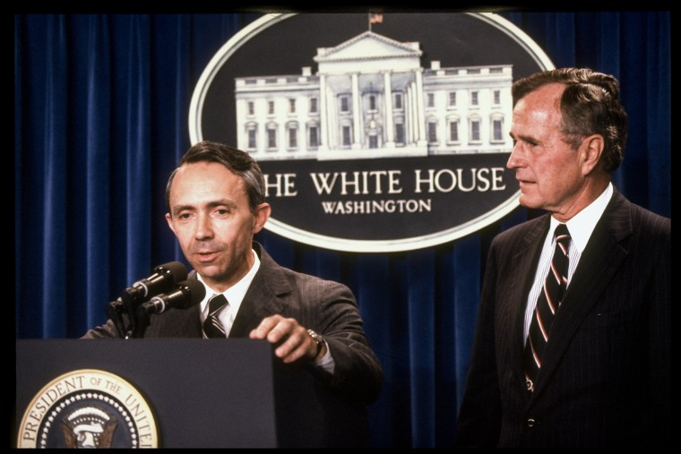 The candidate of the Supreme Court, David Souter, made a statement to the press after President Bush appointed him to succeed retirement judge WM. Brennan in Washington DC on July 23, 1990.