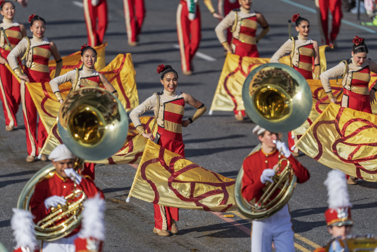Band dancers performs for fans at the 134th Tournament of Roses Parade in Pasadena, Calif. on Jan. 2, 2023. 