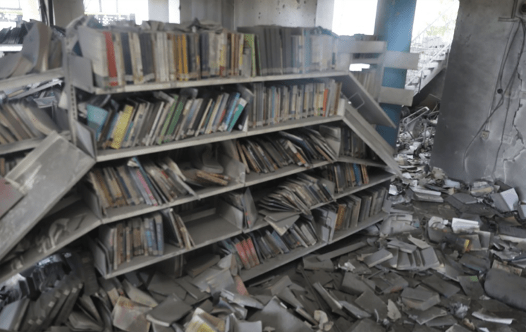 Images shared on Monday, show damaged books strewn across the floor of the Gaza Municipality Library.