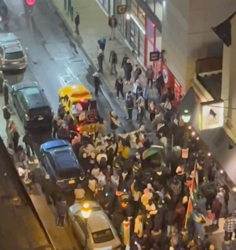 Palestinian supporters protest outside Goldie, a restaurant in Philadelphia, on Dec. 3, 2023. 