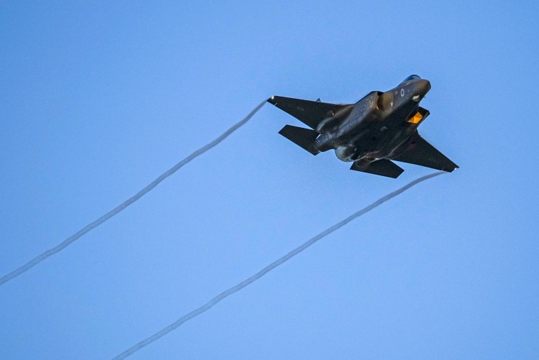 An Israeli air force F-35 flies over during a graduation ceremony for new pilots on June 29, 2023.