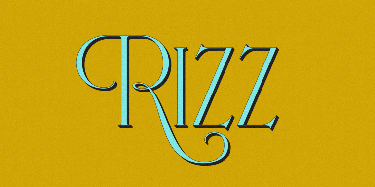 "Rizz" written in blue on yellow background 