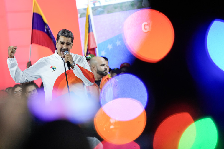 President Nicolas Maduro speaks to pro-government supporters in Caracas, Venezuela on Dec. 3, 2023. 