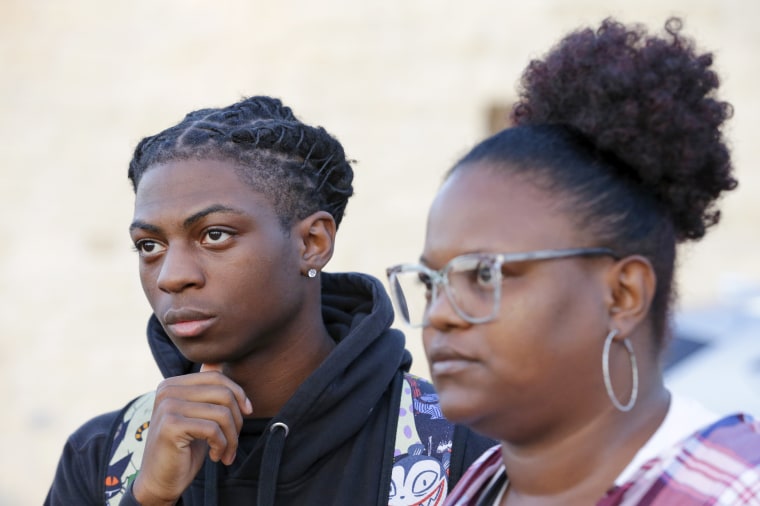 Darryl George, left, 17, and his mother, Darresha George, outside Barbers Hill High School on Sept. 18, 2023, in Mont Belvieu, Texas. Image: